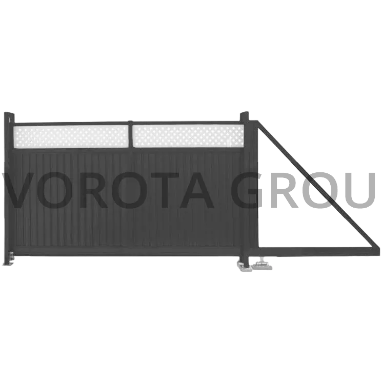 Откатные ворота на винтовых сваях Alutech из профнастила серого цвета 2600x2100